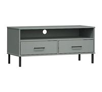 QJBSAVVA Meuble TV en Bois de Pin Massif Gris avec Pieds en Métal, Banc TV Scandinave Gamme Oslo, Buffet Bas de Salon avec 2 Tiroirs et Compartiment Ouvert, 106 x 40 x 46,5 cm