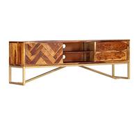 QJBSAVVA Meuble TV en Bois de Sesham Massif 140x30x45 cm, Banc TV avec 2 Tiroirs, 2 Tablettes et 1 Compartiment, Buffet Bas de Salon Style Vintage avec Pieds en Fer Coloris Laiton