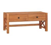 QJBSAVVA Meuble TV en Bois de Teck 100x40x45 cm, Banc TV Rustique avec 2 Tiroirs de Rangement et Pieds en X, Support pour Téléviseur et Appareils Multimédia pour Salon