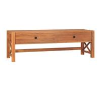 QJBSAVVA Meuble TV en Bois de Teck 140x40x45 cm, Banc TV Rustique avec 2 Tiroirs et Pieds en X, Support Télévision Robuste pour Salon et Appareils Multimédia Style Naturel