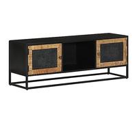QJBSAVVA Meuble TV en Bois Massif de Manguier et Fer, Buffet Bas de Salon Style Industriel Rétro avec Compartiments et Portes, Support Multimédia Robuste pour Téléviseur, 110x30x40 cm - Noir