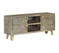 QJBSAVVA Meuble TV en Bois Massif de Manguier Gris et Laiton, Buffet Bas Style Vintage pour Salon et Chambre, Banc TV avec 2 Portes et 2 Étagères, 110 x 30 x 48 cm