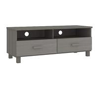QJBSAVVA Meuble TV HAMAR en Bois de Pin Massif, Support Télévision avec 2 Tiroirs et 2 Compartiments Ouverts, Banc TV Moderne pour Salon et Chambre, 106 x 40 x 40 cm, Gris Clair