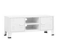 QJBSAVVA Meuble TV Industriel en Métal Blanc 105x35x42 cm - Meuble de Salon avec 2 Portes et 1 Étagère - Buffet Bas avec Passage de Câbles et Orifices d'Aération pour Salon et Chambre