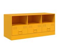 QJBSAVVA Meuble TV Jaune Moutarde 99x39x44 cm, Buffet Bas en Acier Laminé à Froid avec 3 Tiroirs et 3 Étagères, Support de Télévision Industriel et Robuste pour Salon et Chambre