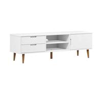 QJBSAVVA Meuble TV MOLDE Blanc 158x40x49 cm en Bois de Pin Massif avec Vernis UV, Buffet Bas avec 2 Tiroirs, 3 Compartiments et 1 Porte pour Salon et Séjour Contemporain