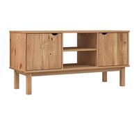 QJBSAVVA Meuble TV OTTA 113,5x43x57 cm en Bois de Pin Massif, Banc TV Scandinave avec 2 Compartiments et 1 Étagère, Buffet de Salon Rustique et Robuste pour Rangement Multimédia, Naturel