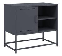 QJBSAVVA Meuble TV Style Industriel en Acier Anthracite, Petit Support TV avec Compartiment de Rangement et 2 Étagères Ouvertes, Meuble Bas Multimédia pour Salon ou Chambre, 68x39x60,5 cm
