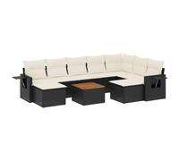 QJBSAVVA Salon de Jardin 10 Pcs en Résine Tressée et Table Acacia Noir | Ensemble modulable pour terrasse et patio avec coffres sous assise et tablettes latérales pliables.