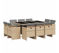 QJBSAVVA Salon de Jardin 11 Pcs Table et 10 Chaises en Résine Beige | Mobilier gain de place encastrable pour repas en plein air sur la terrasse ou dans la cour avec table en verre.