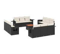 QJBSAVVA Salon de Jardin 13 Pcs en Résine Tressée Noire, Canapé Modulable Extérieur avec Coussins Blanc Crème, Table Basse en Acacia et Tablettes Latérales pour Balcon et Terrasse