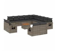 QJBSAVVA Salon de Jardin 14 Pcs Résine Tressée avec Table Bois Acacia Gris | Ensemble modulable pour terrasse et patio avec coffres de rangement intégrés et tablettes latérales rabattables.