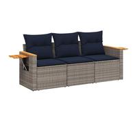 QJBSAVVA Salon de Jardin 3 Pcs Résine Tressée Canapé Modulaire Gris | Mobilier modulable avec tablettes latérales pliantes pour terrasse et balcon, coussins confortables inclus.