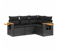 QJBSAVVA Salon de Jardin 4 Pcs Résine Tressée avec Coussins Noir | Ensemble modulable pour terrasse et balcon avec coffres de rangement et tablettes pliantes en acacia.