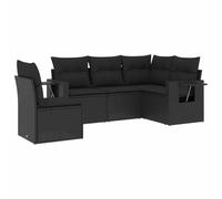 QJBSAVVA Salon de Jardin 5 Pcs en Résine Tressée avec Coussins Noir | Canapé modulable pour terrasse et patio avec tablettes latérales rabattables et assises confortables.