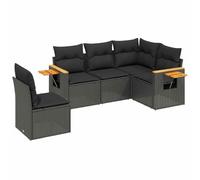 QJBSAVVA Salon de Jardin 5 Pcs en Résine Tressée avec Coussins, Noir | Ensemble de canapé modulable pour terrasse et patio avec coffre de rangement discret et tablettes latérales en acacia.