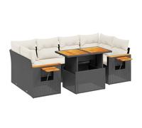 QJBSAVVA Salon de Jardin 7 Pcs en Résine Tressée Noir avec Coussins | Ensemble modulable pour terrasse et patio avec table réglable en hauteur et tablettes latérales pliables.