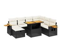 QJBSAVVA Salon de Jardin 8 Pcs en Résine Tressée et Acacia Noir | Mobilier modulable pour terrasse et patio avec table réglable en hauteur et tablettes d'appoint pliables.