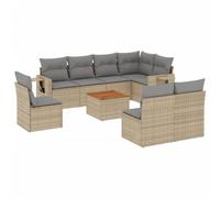QJBSAVVA Salon de Jardin 9 Pièces en Résine Tressée Beige, Ensemble Canapé Extérieur Modulaire avec Coussins Gris, Table en Bois d'Acacia et Tablettes Pliables pour Terrasse