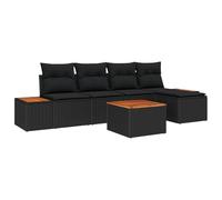 QJBSAVVA Salon de Jardin Modulaire 6 Pièces, Ensemble Canapé en Résine Tressée Noir et Bois d'Acacia avec Table Réglable, Pouf et Coussins Déhoussables pour Extérieur Terrasse