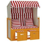QJBSAVVA Strandkorb Corbeille de Plage en Résine Tressée et Bois de Pin Massif, Chaise Longue de Jardin avec Auvent Inclinable et 4 Coussins, Rouge et Blanc, 115 x 55 x 156 cm