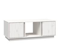 QJBSAVVA Table basse blanche 110 x 50 x 40 cm en pin massif, table de salon stable avec 3 compartiments et 2 portes, table de canapé moderne de style maison de campagne pour le salon