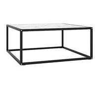 QJBSAVVA Table Basse Carrée de Salon 80x80x35 cm, Table de Canapé Moderne en Verre Trempé Effet Marbre Blanc et Cadre en Acier Noir, Meuble de Séjour Robuste et Design Élégant