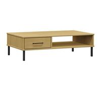 QJBSAVVA Table Basse en Bois de Pin Massif Marron 100x55x29 cm, Meuble de Salon Scandinave Gamme Oslo avec Tiroir et Compartiment Ouvert, Bout de Canapé Robuste avec Pieds en Métal