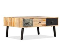 QJBSAVVA Table Basse en Teck de Récupération Massif 90x65x40 cm, Table de Salon Style Vintage avec 3 Grands Tiroirs à Effet Marbré, Meuble de Séjour Robuste en Bois et Acier
