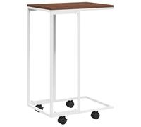 QJBSAVVA Table dAppoint en Forme de C avec Roues, Bout de Canapé Mobile, Table de Chevet en Bois dIngénierie et Métal, Support Ordinateur Portable, 40x30x63,5 cm, Blanc et Marron