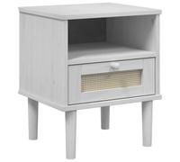 QJBSAVVA Table de chevet SENJA aspect rotin blanc 40 x 35 x 48 cm, console de chevet en pin massif avec tiroir et compartiment, table d'appoint pour chambre à coucher au design bohème et du milieu du