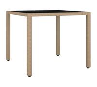 QJBSAVVA Table de Jardin en Résine Tressée et Verre Trempé, Table de Terrasse Carrée avec Cadre en Acier pour Extérieur, Patio, Balcon et Repas 4 Personnes, 90x90x75 cm, Beige