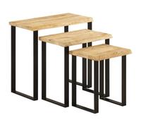 QJBSAVVA Tables Gigognes Lot de 3 avec Bord Vivant Naturel, Tables d'Appoint en Bois de Manguier Massif et Acier Noir, Tables Basses Gigognes de Style Industriel pour Salon et Entrée