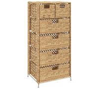 QJBSAVVA Tour de Rangement en Jacinthe d'eau avec 6 Paniers, Meuble de Rangement Métal et Fibre Tressée, Chiffonnier Rustique pour Salon et Entrée, 47x37x100 cm, Marron