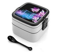 Qjjinxior Boîte à bento avec motif papillons roses phosphorescents, 2 couches avec poignée