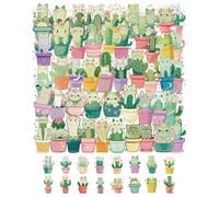 QLEUIFT Lot de 50 Autocollants Chat Cactus Mignon pour Adolescents et Adultes, Stickers Kawaii Animal Végétal Imperméables pour Ordinateur, Carnet, Décoration Amusante