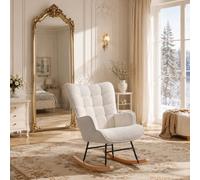 QLTXYHML Fauteuil à Bascule Scandinave, Rocking Chair Confortable avec Haut Dossier, Pieds à Bascule en Bois Massif et Structure en Métal, Idéal pour Salon, Chambre et Bébé