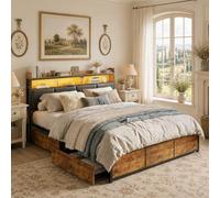 QLTXYHML Lit 160x200 avec Sommier, 2 Personnes, Tête de Lit Rembourrée avec Étagère et Éclairage LED, Cadre de Lit Métal Style Industriel avec 4 Tiroirs, Sommier à Lattes Inclus (Noir, 160x200 cm)