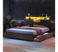 QMTXBYJ Cadre de Lit 160 x 200 avec Sommier en Métal, Lit 2 Personnes avec tête LED et Multiprise(2 Prises CA, 2 Ports USB), lit Double 160x200 avec 4 tiroirs de Rangement, Marron Vintage Noir