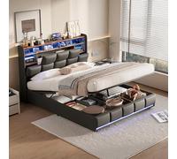 QMTXBYJ Lit 140x190 avec Éclairage LED et Port USB, lit Coffre hydraulique avec tête de Lits avec Compartiment de Rangement, Lits Double rembourré 140x190 avec sommier à Lattes, PU,sans Matelas