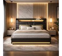 QMTXBYJ Lit 160x200 avec Éclairage LED et Port USB, lit Coffre hydraulique avec tête de Lits avec Compartiment de Rangement, Lits Double rembourré 160x200 avec sommier à Lattes, PU,sans Matelas