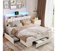 QMTXBYJ Lit 160x200 avec Sommier LED et USB, Lits Double 160x200 avec 4 Tiroirs, Lit rembourré avec sommier à Lattes,Tete de lit avec Rangement, lit 2 Personnes pour Adultes et Adolescents, Velours