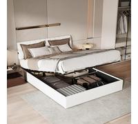 QMTXBYJ Lit Coffre 140x190 avec Sommier à Lattes et 2 USB,Lits Double Rembourré 140x190 avec Tête de Lit réglable en Hauteur et Rangement Caché, Lits 2 Personnes Cadre de lit en Bois,sans Matelas