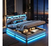 QMTXBYJ lit Coffre 140x200 cm avec Éclairage LED et Port USB, Lit Hydraulique avec Étagères Ouvertes et Rangement Caché en Tête de Lit Capitonné, Lits 2 Personnes avec Sommier en Bois et Velours