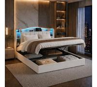 QMTXBYJ Lit Coffre 140x200 cm avec Éclairage LED et Prise USB, lit Double Hydraulique avec Étagères Ouvertes et Rangement Caché, Cadre de lit 2 Personnes avec Sommier à Lattes,sans Matelas,Velours