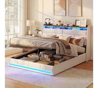 QMTXBYJ Lit Coffre 140x200 cm avec Éclairage LED,Lits Double rembourré 140x200,lit Hydraulique avec Étagères Ouvertes et Rangement Caché, lit 2 Personnes avec Sommier à Lattes,PU
