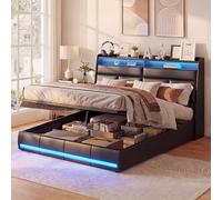 QMTXBYJ Lit Coffre 160x200 cm avec Éclairage LED,Lits Double rembourré 160x200,lit Hydraulique avec Étagères Ouvertes et Rangement Caché, lit 2 Personnes avec Sommier à Lattes,PU