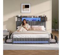 QMTXBYJ Lit Double 140x200, Cadre de Lits avec 4 tiroirs et sommier à Lattes, Lits rembourré 140x200, Tête de lit LED avec Compartiment de Rangement et USB, Lit 2 Personnes pour Adolescents