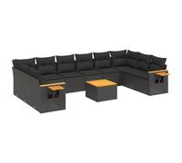 Qnhdfrt 11-Piece Black Rattan Outdoor Sofa Set with Acacia Wood Table