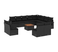 Qnhdfrt 13-Piece Black Rattan Modular Sofa Set with Acacia Wood Table